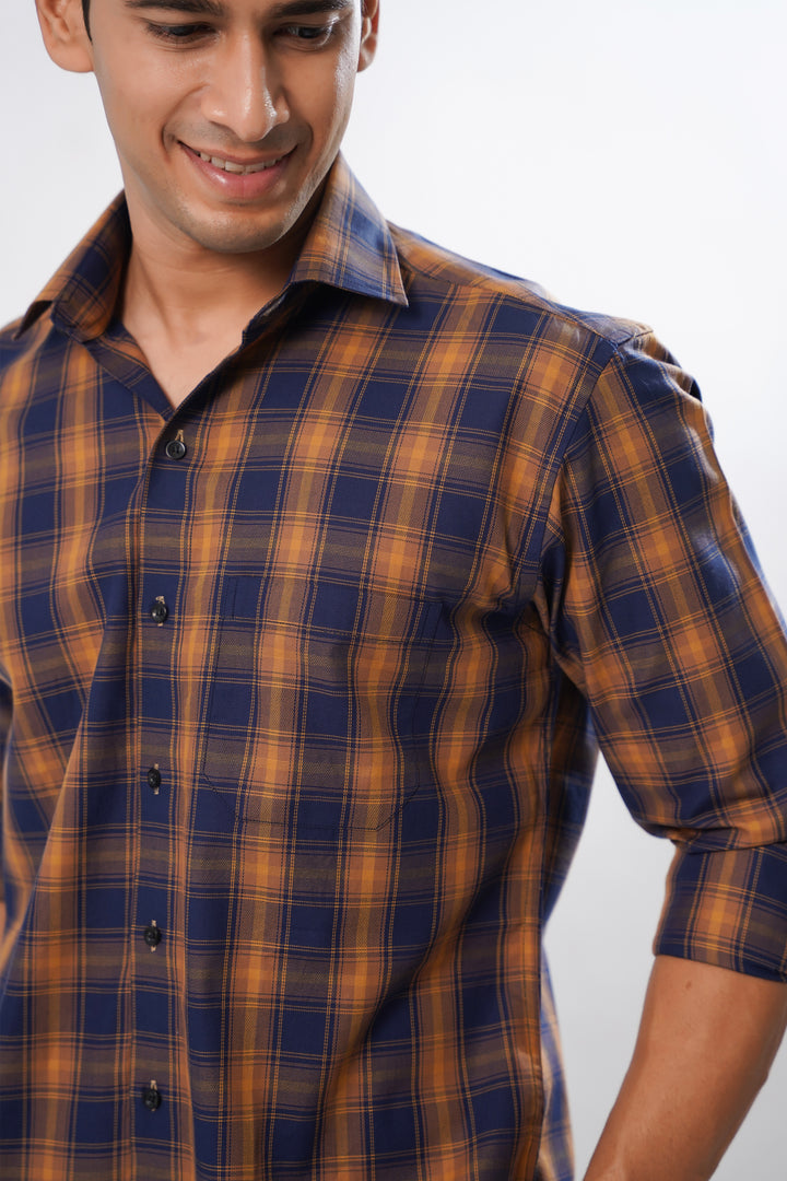 Blue with Yellow Premium Check Patterned Giza Cotton Shirt