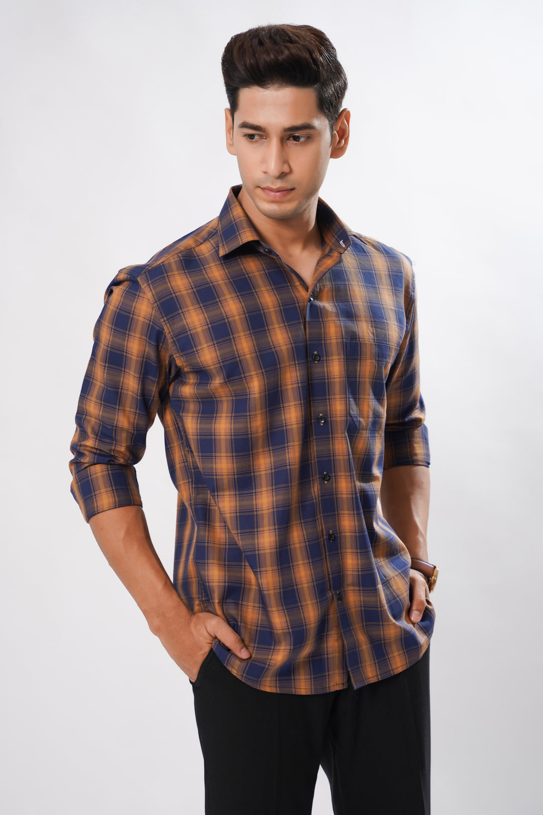Blue with Yellow Premium Check Patterned Giza Cotton Shirt