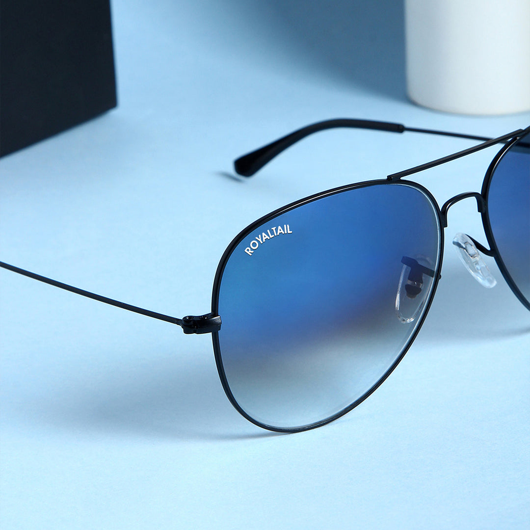 Dark Blue Gradient Glass And Black Frame Aviator Sunglasses For Men And Women