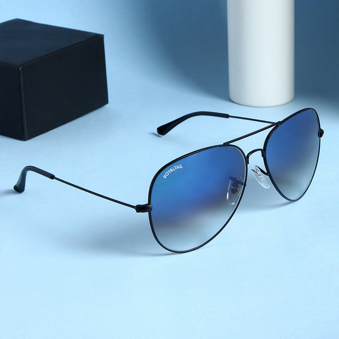 Dark Blue Gradient Glass And Black Frame Aviator Sunglasses For Men And Women