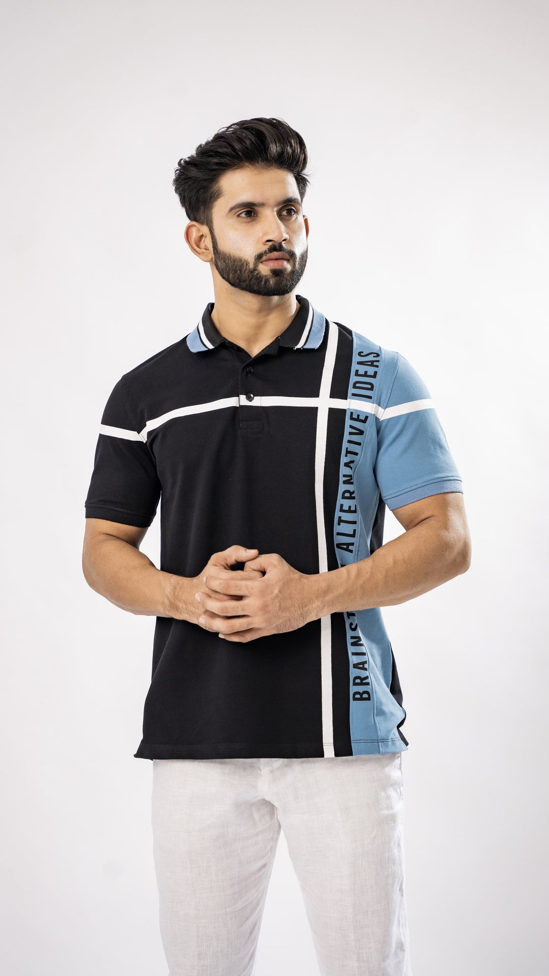 BLUE AND BLACK STRIPED ORGANIC COTTON MERCERISED PIQUE POLO TEE - Royaltail