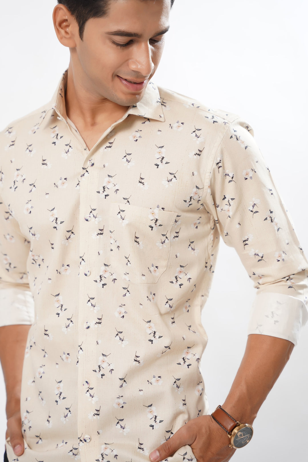 Light Brown Flowers Printed Premium Cotton Shirt