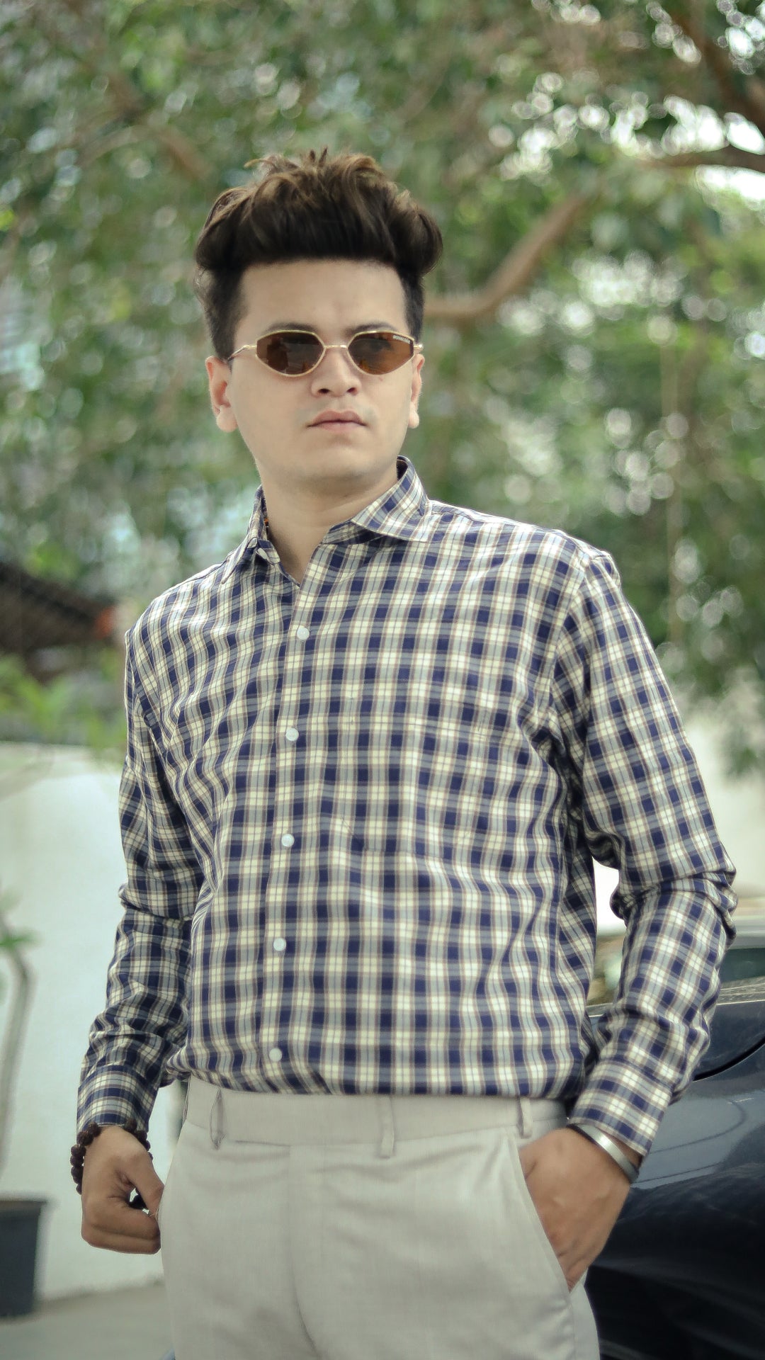 Tea Navy Blue with White Premium Check Patterned Giza Cotton Shirt