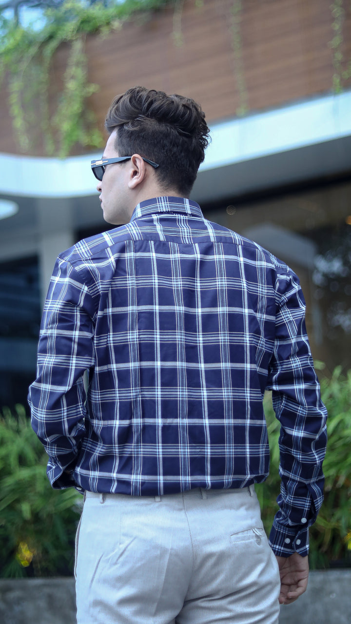 Navy Blue with White and Sky Premium Plaid Patterned Giza Cotton Shirt