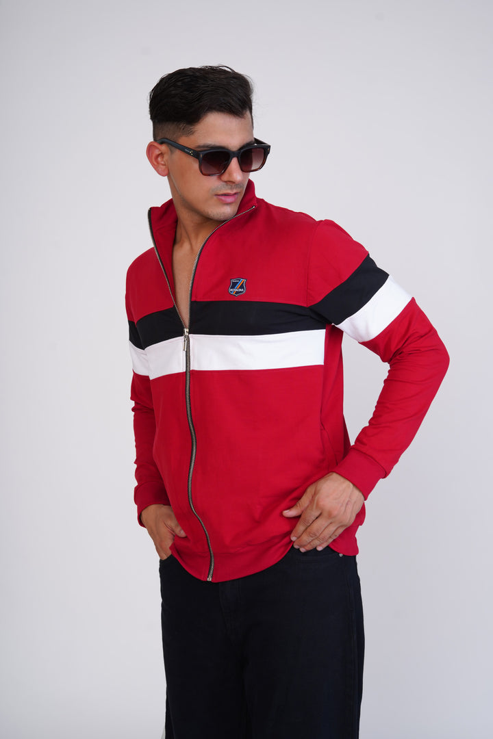RED WITH WHITE AND BLACK STRIPS, FRONT OPEN PREMIUM ORGANIC SOFT COTTON SWEATSHIRT